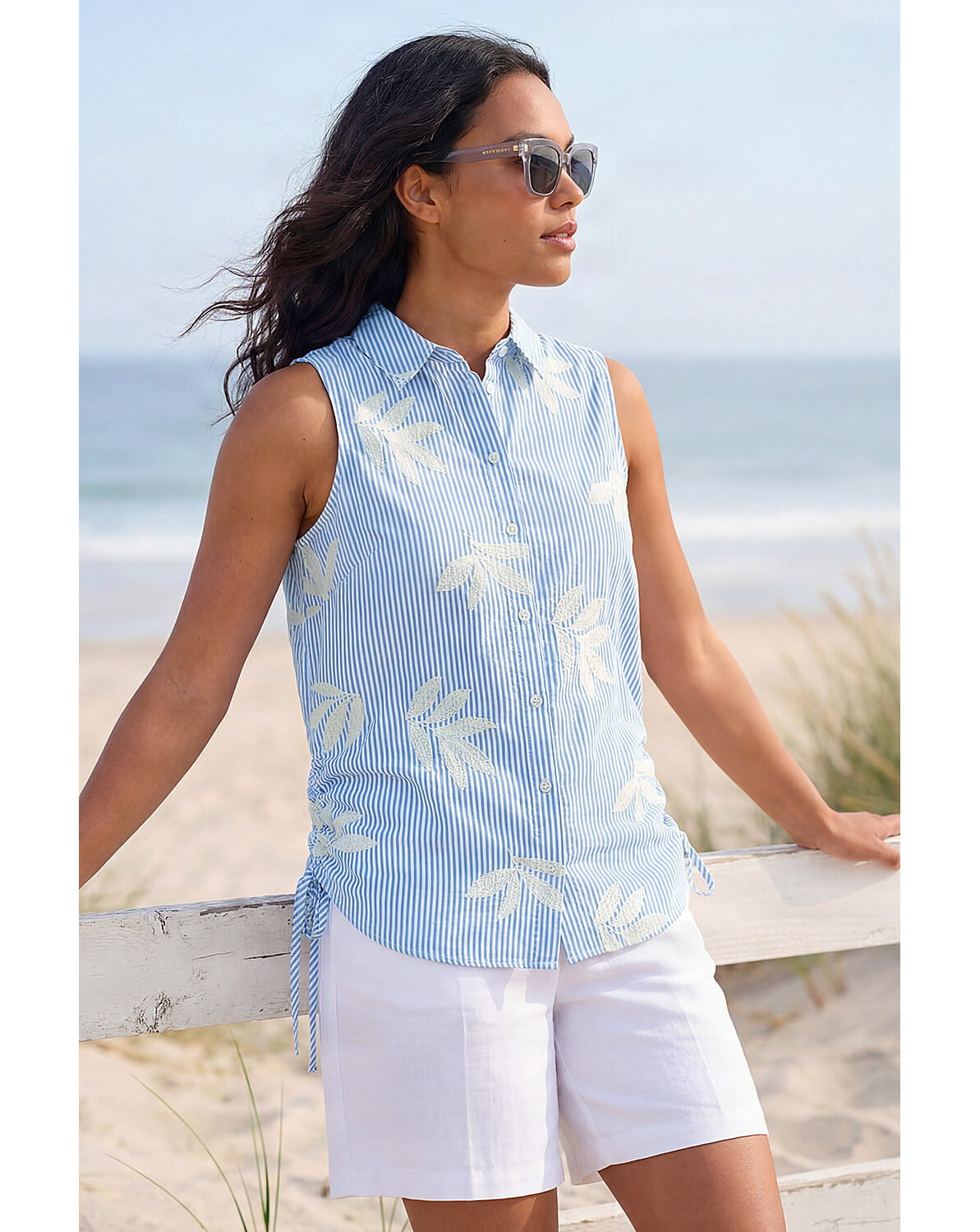 Roman Stripe Leaf Button Up Blouse