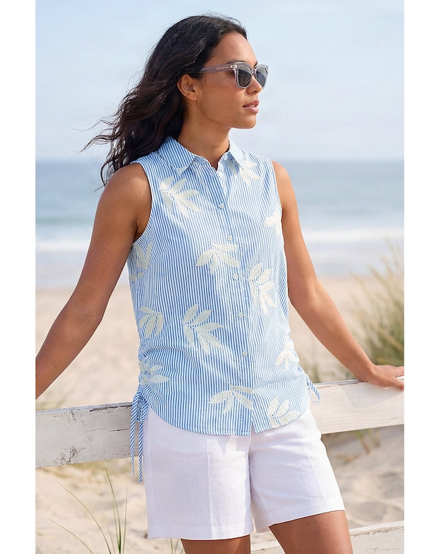 Roman Stripe Leaf Button Up Blouse