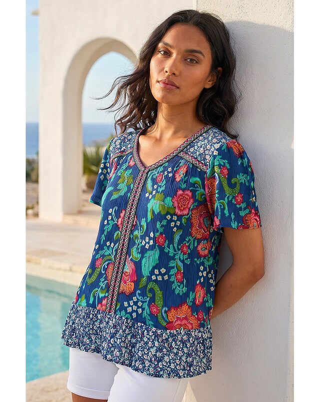 Roman Floral Print Trim Detail Top