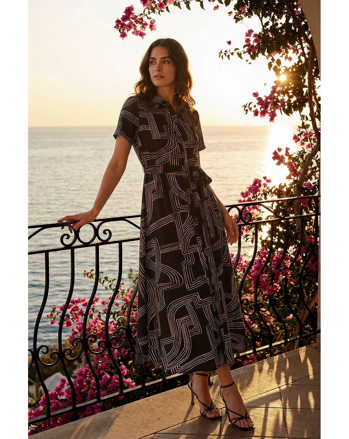 Roman Geo Linear Print Shirt Midi Dress