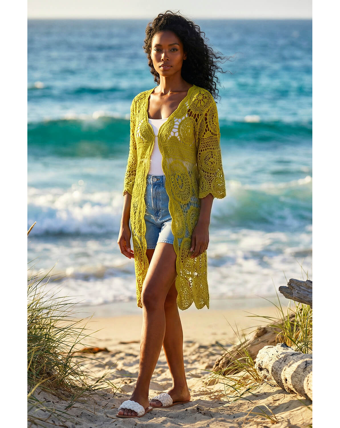 Roman Crochet Longline Knit Cardigan