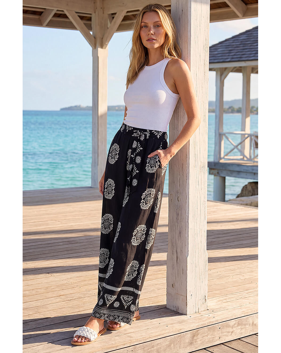 Roman Mono Border Print Belted Trouser