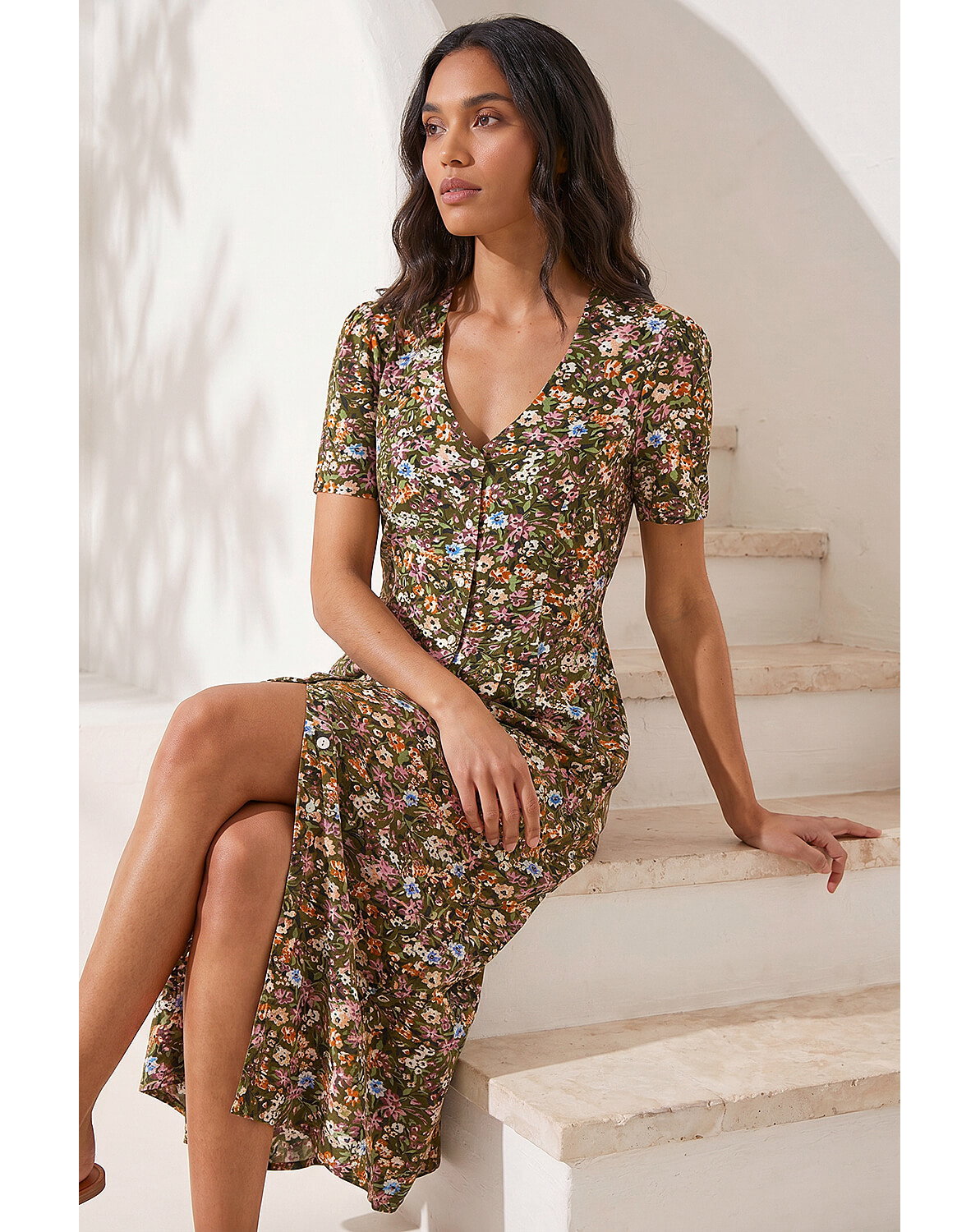 Roman Floral Print Button Midi Dress