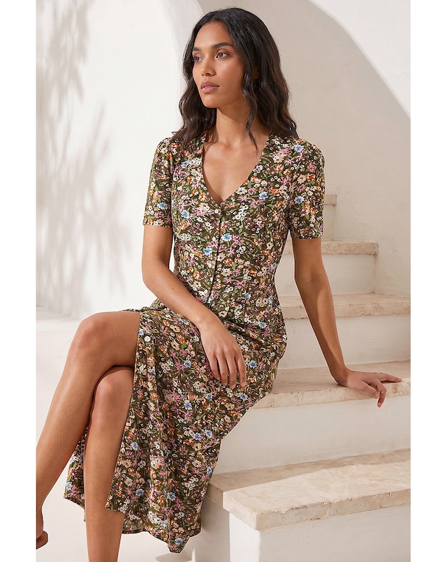 Roman Floral Print Button Midi Dress