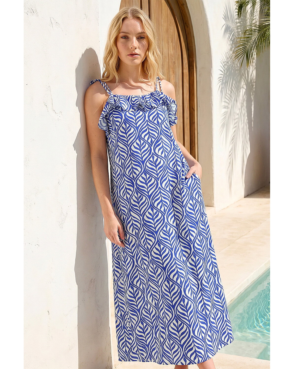 Roman Leaf Print Frill Midi Dress