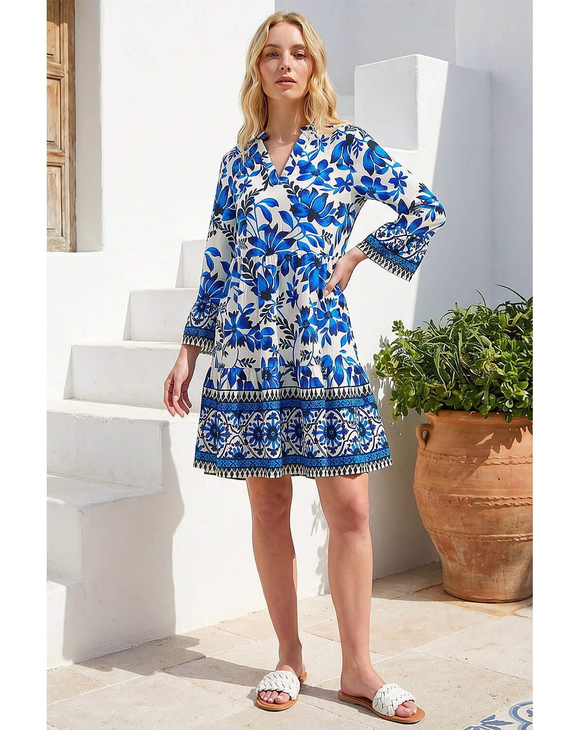 Roman Floral Print Border Tunic Dress