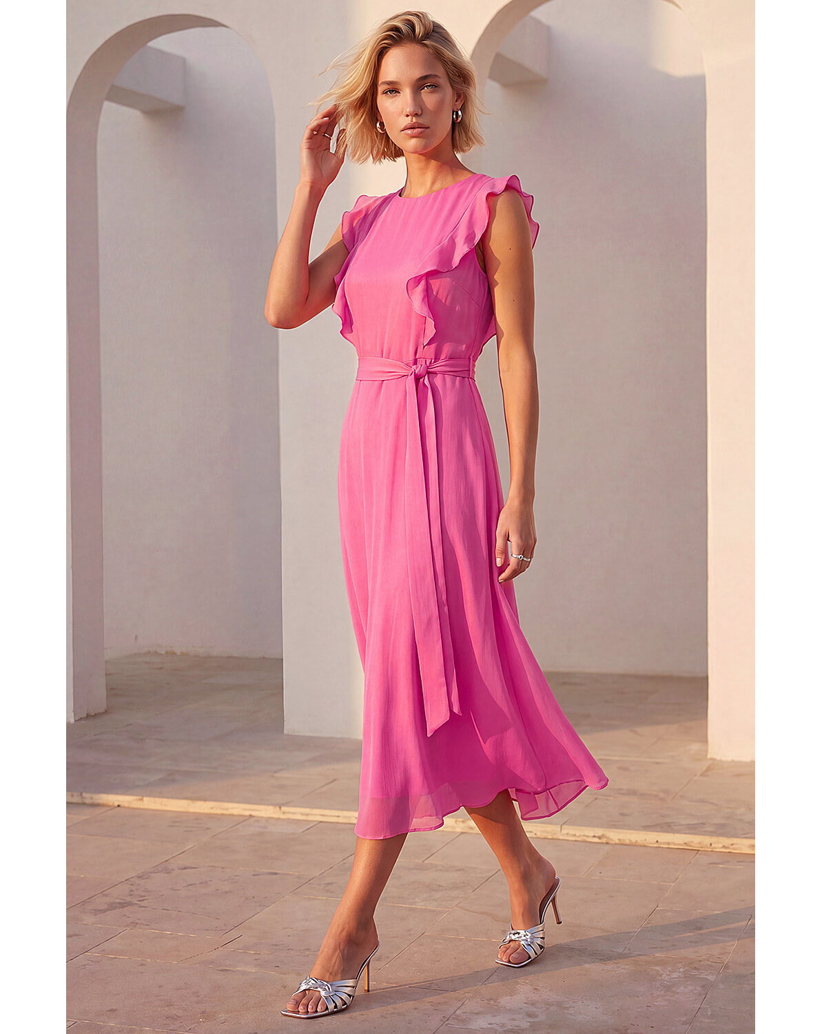 Roman Chiffon Frill Front Midi Dress