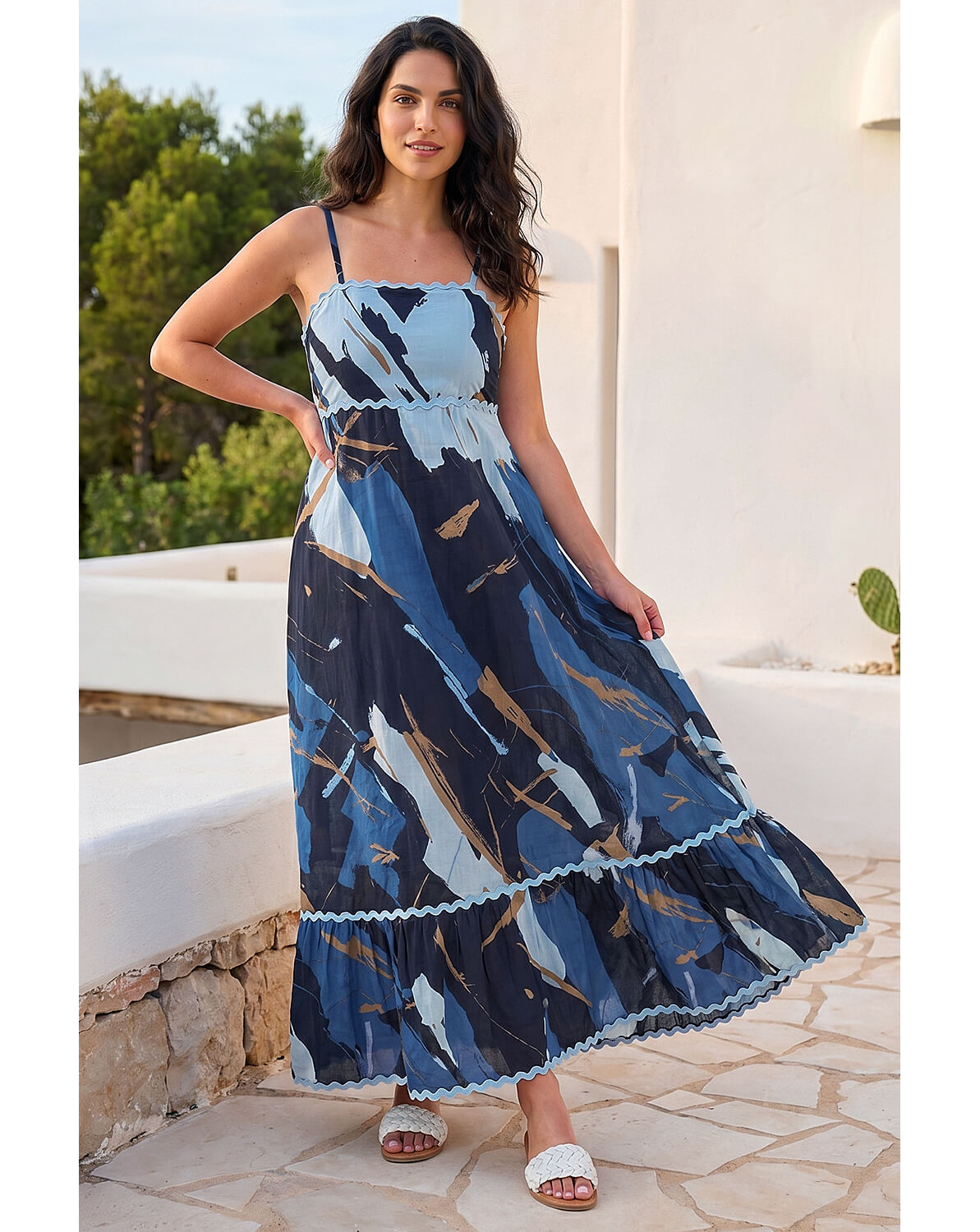Roman Dusk Abstract Ric Rac Maxi Dress