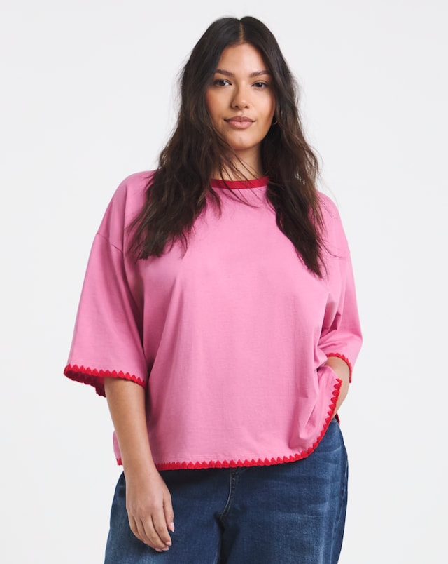 Simply Be Pink and Red Whipstitch T-Shirt