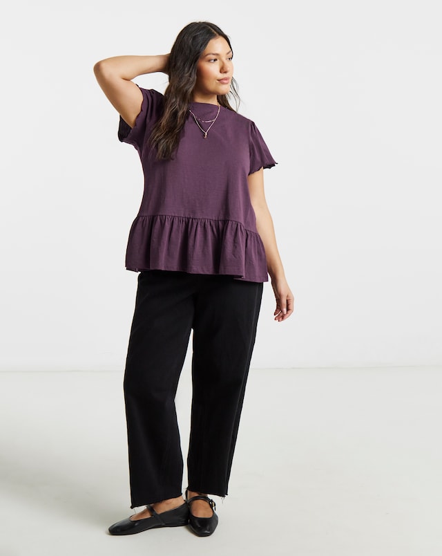Simply Be Blackcurrant Ruffle Sleeve Peplum Tee