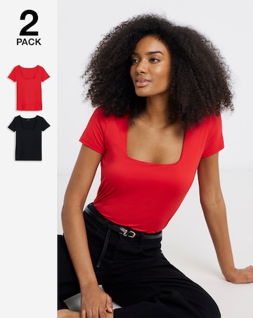 Black and Red 2 Pack Soft Touch Square Neck Tops
