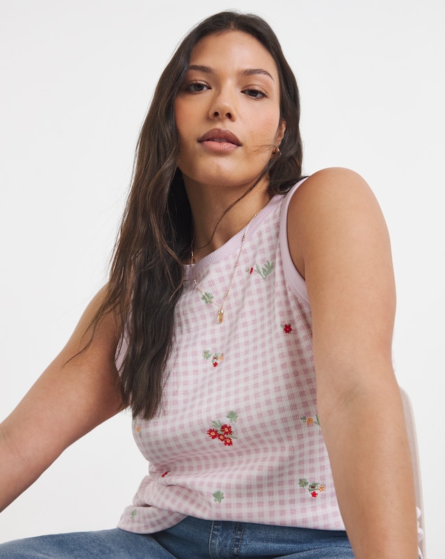Simply Be Pink Ditsy High Neck Embroidered Gingham Tank