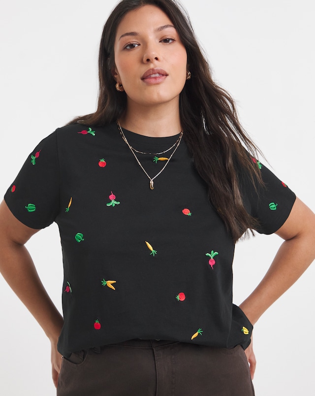 Simply Be Black Ditsy Vegetables Embroidered Tee