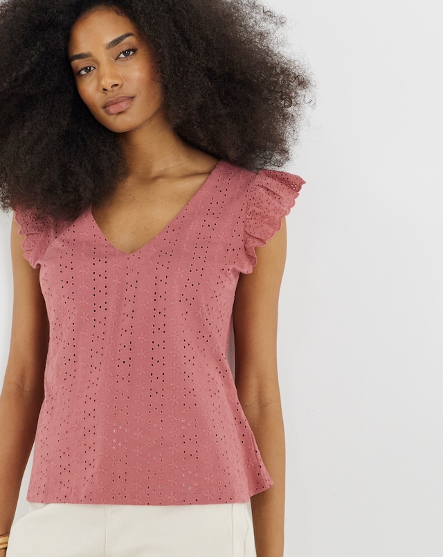 Simply Be Pink V Neck Ruffle Sleeve Stretch Broderie Top