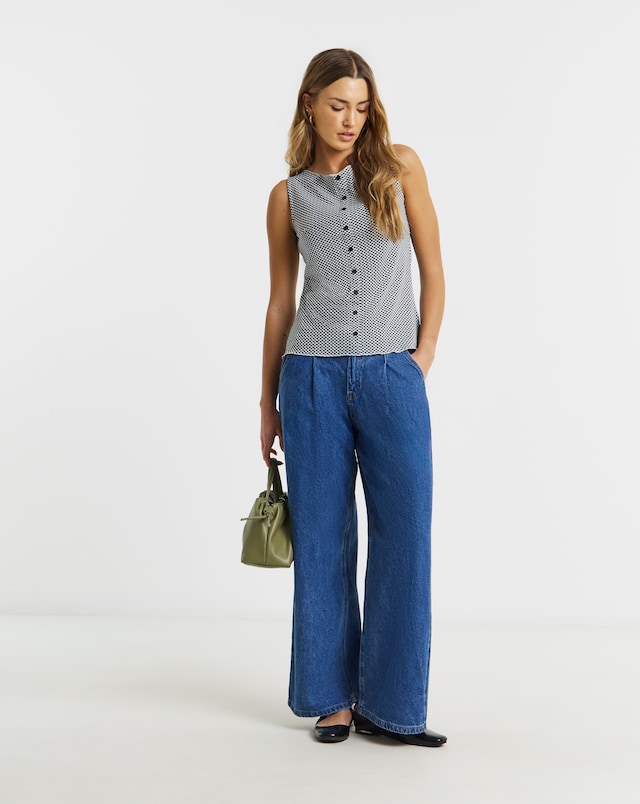 Black and White Gingham Button Through Top