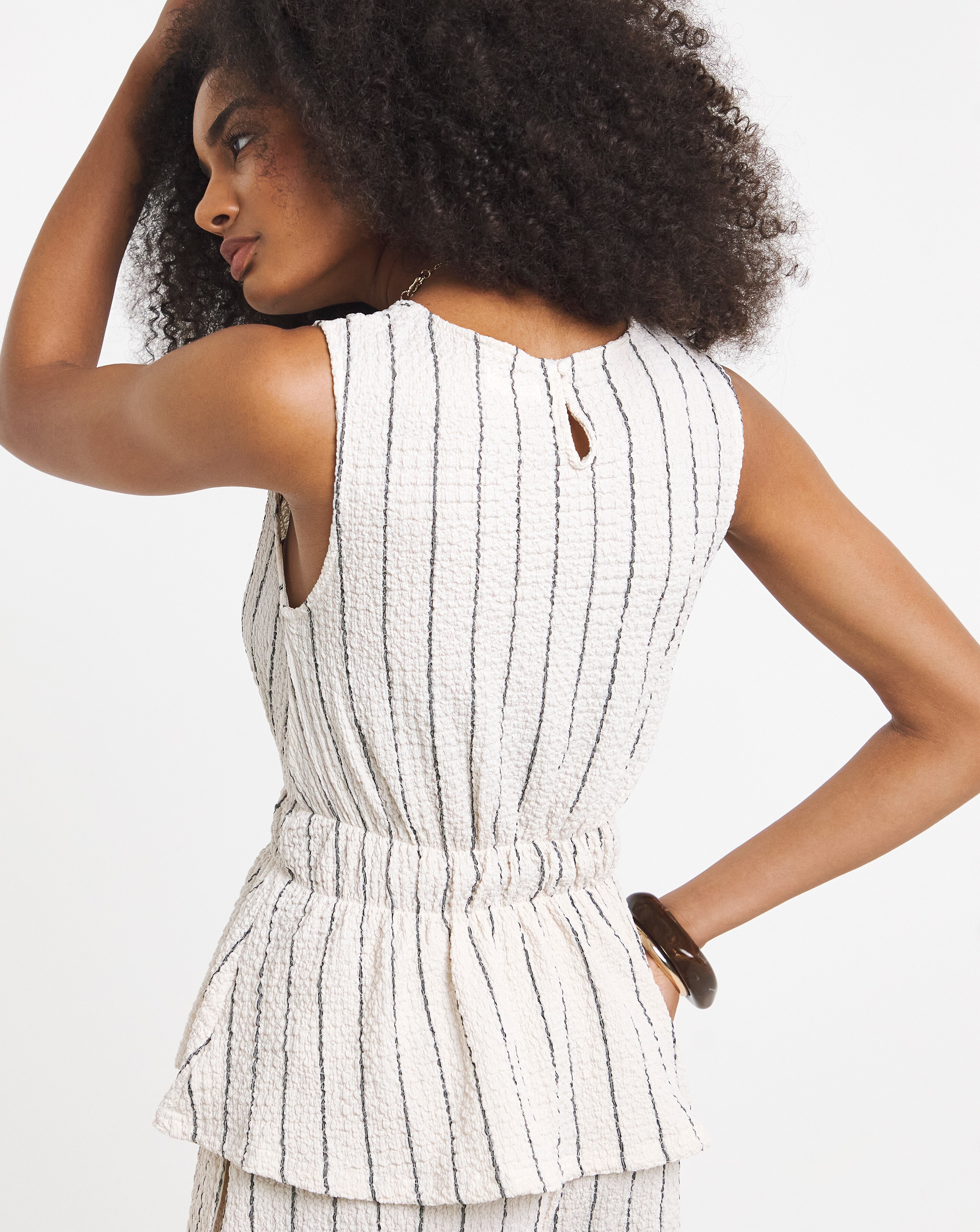 Navy & Ivory Stripe Peplum Top | JD Williams