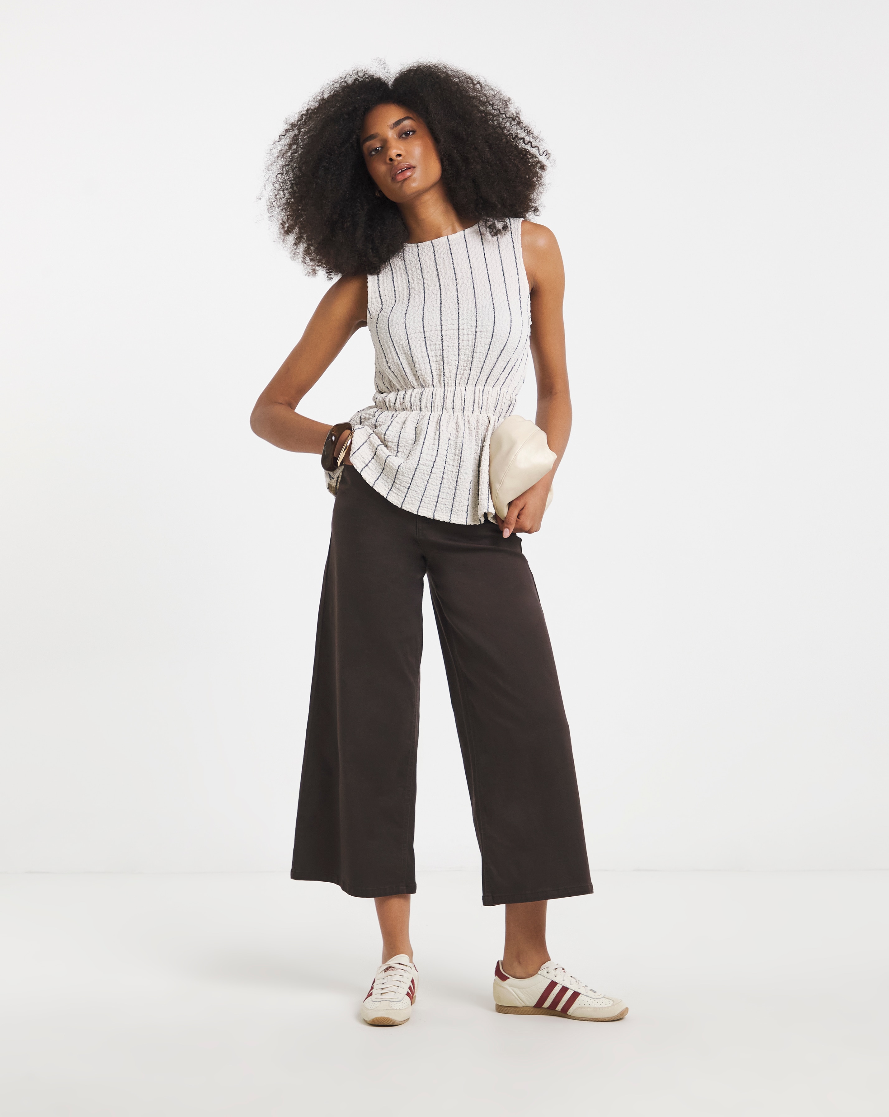 Navy & Ivory Stripe Peplum Top | JD Williams
