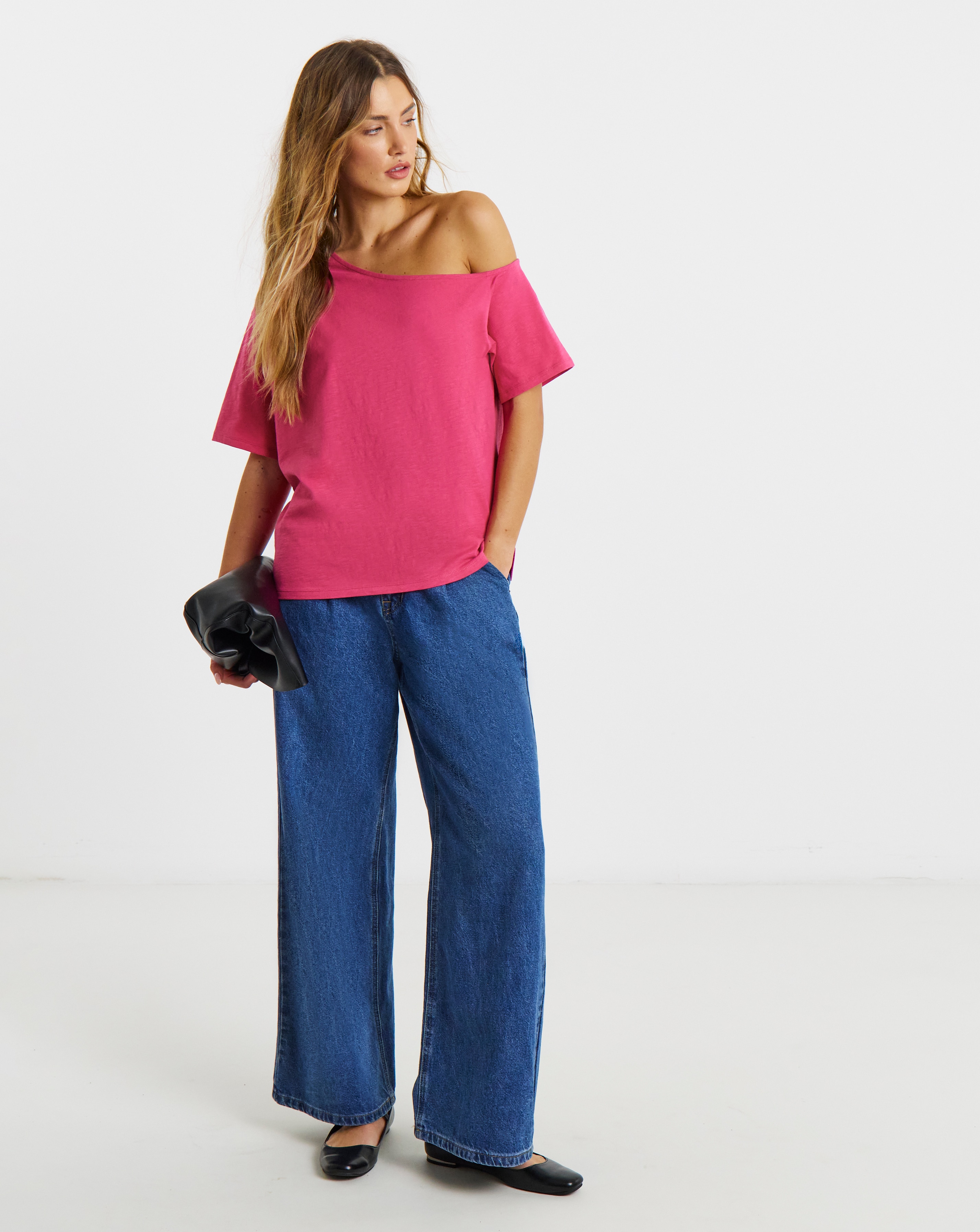 Pink Slub Jersey Off The Shoulder Top | JD Williams