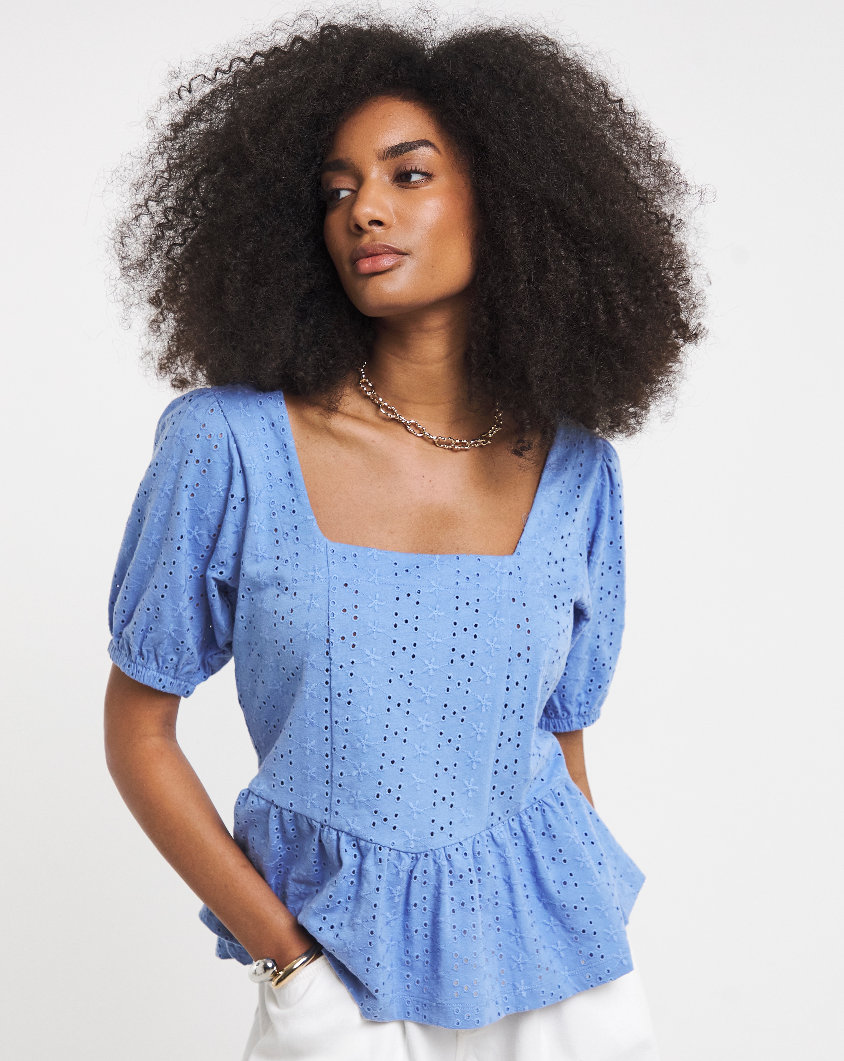 New In - Stretch Broderie Square Neck Peplum