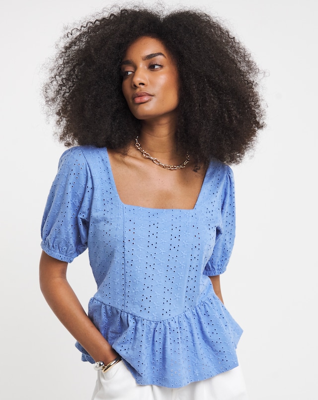 Blue Stretch Broderie Square Neck Peplum Top