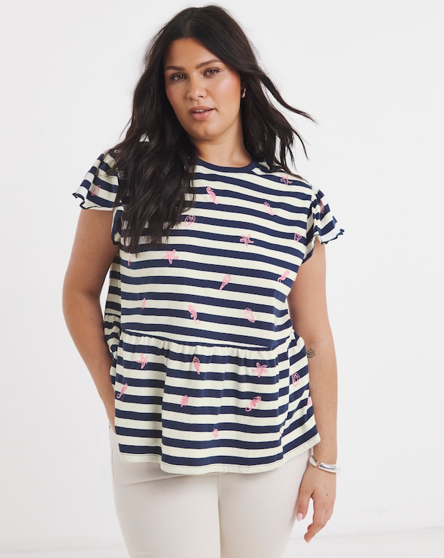 Simply Be White & Blue Stripe Embroidered Seaside Peplum Top