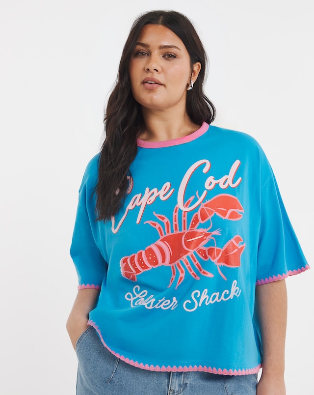 Simply Be Blue Cape Cod Lobster Graphic T-Shirt