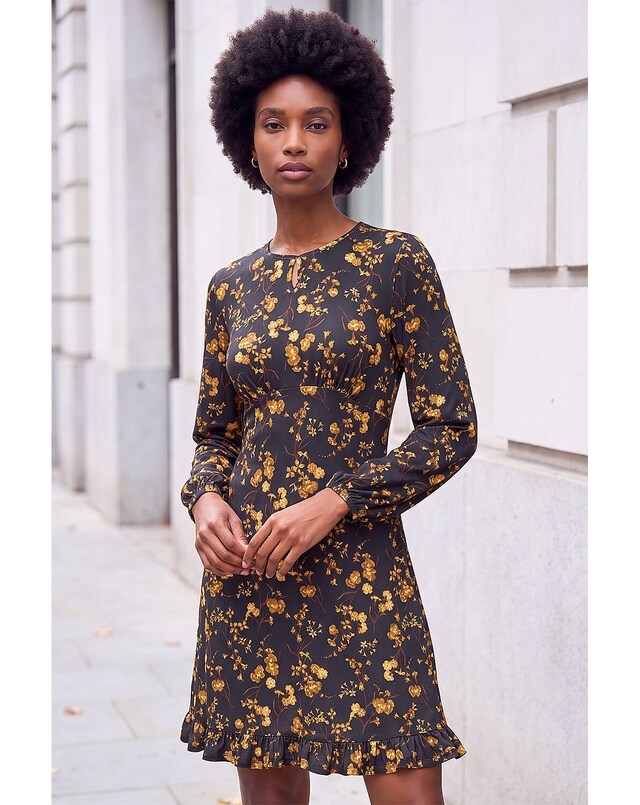 Roman Floral Print Frill Stretch Dress