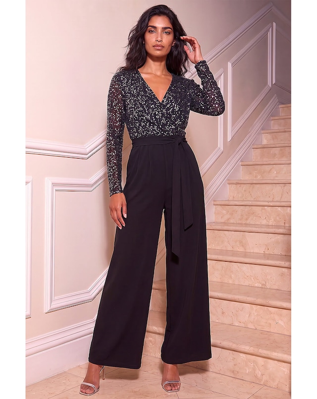 Roman Sequin Wrap V-Neck Jumpsuit