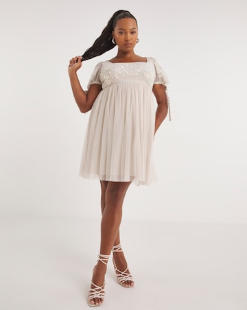 Maya Curve Puff Sleeve Glitter Embroidered Tulle Mini Dress