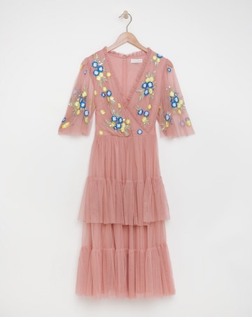 Maya Curve Wrap Front Floral Embroidered Tiered Tulle Midi Dress