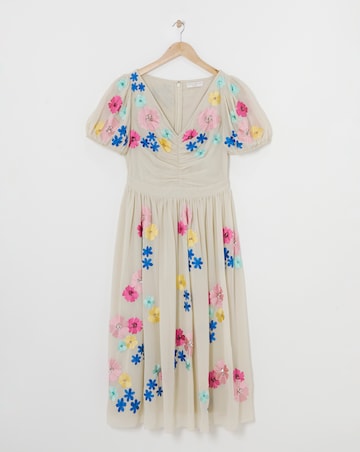 Maya Curve V Neck Floral Embroidered Midi Dress