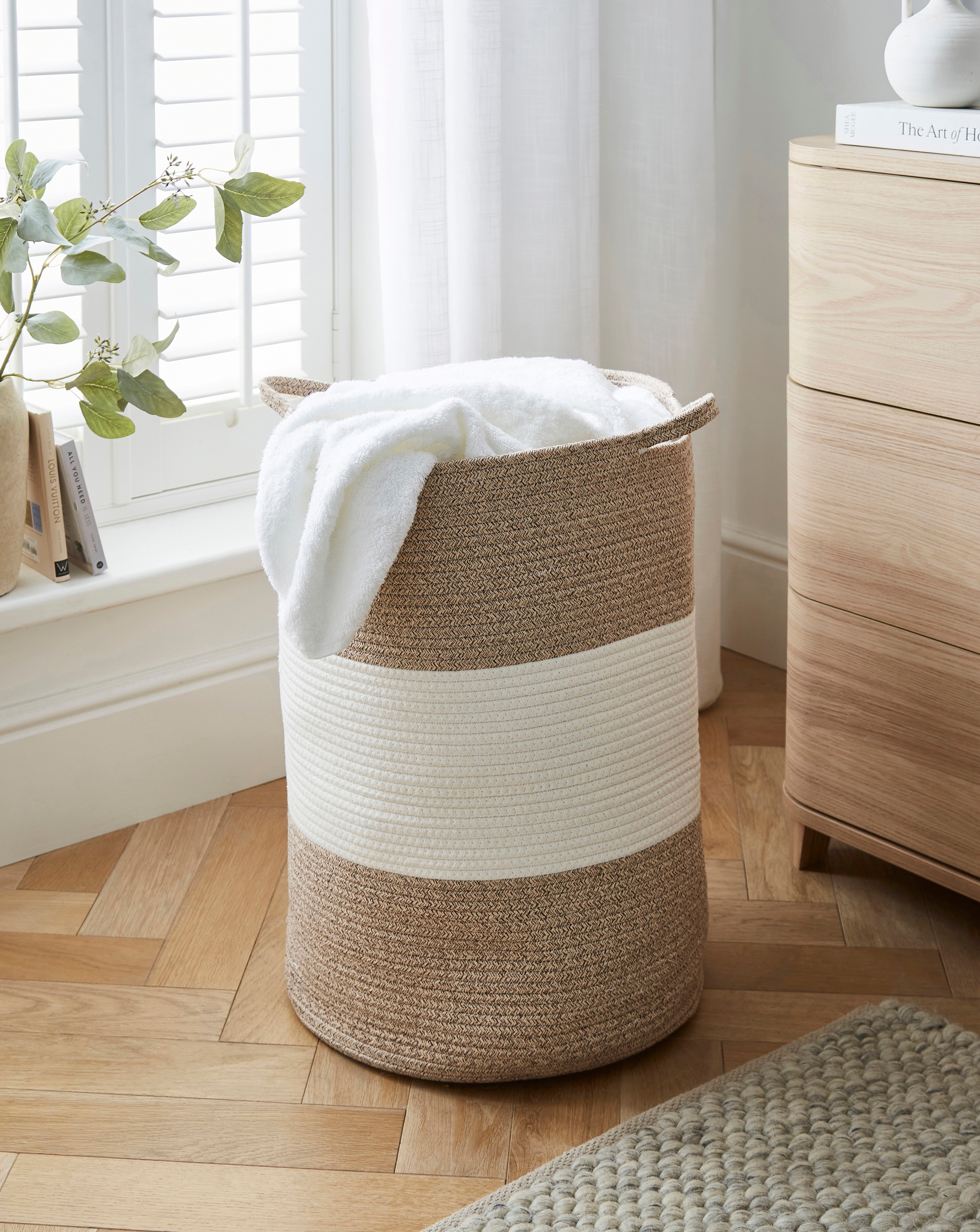 Two Tone Beige Rope Laundry Hamper