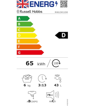 Russell Hobbs RH612W111W 6kg 1200rpm Washing Machine White + Install