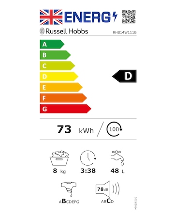 Russell Hobbs RH814W111B 8kg 1400rpm Washing Machine Black + Install