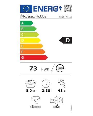 Russell Hobbs RH814W111B 8kg 1400rpm Washing Machine Black + Install