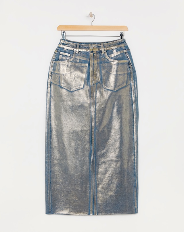Gold Metallic Coated Denim Skirt - Gold