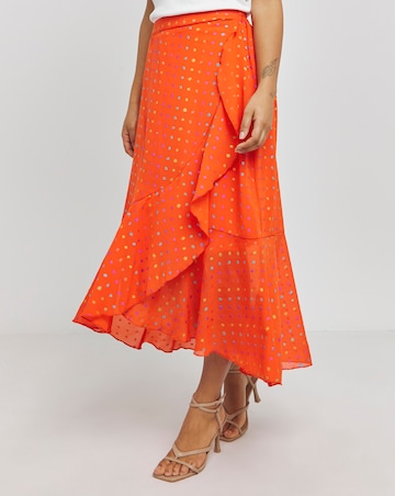 Orange Rainbow Foil Spot Print Tie Waist Frill Midi Skirt