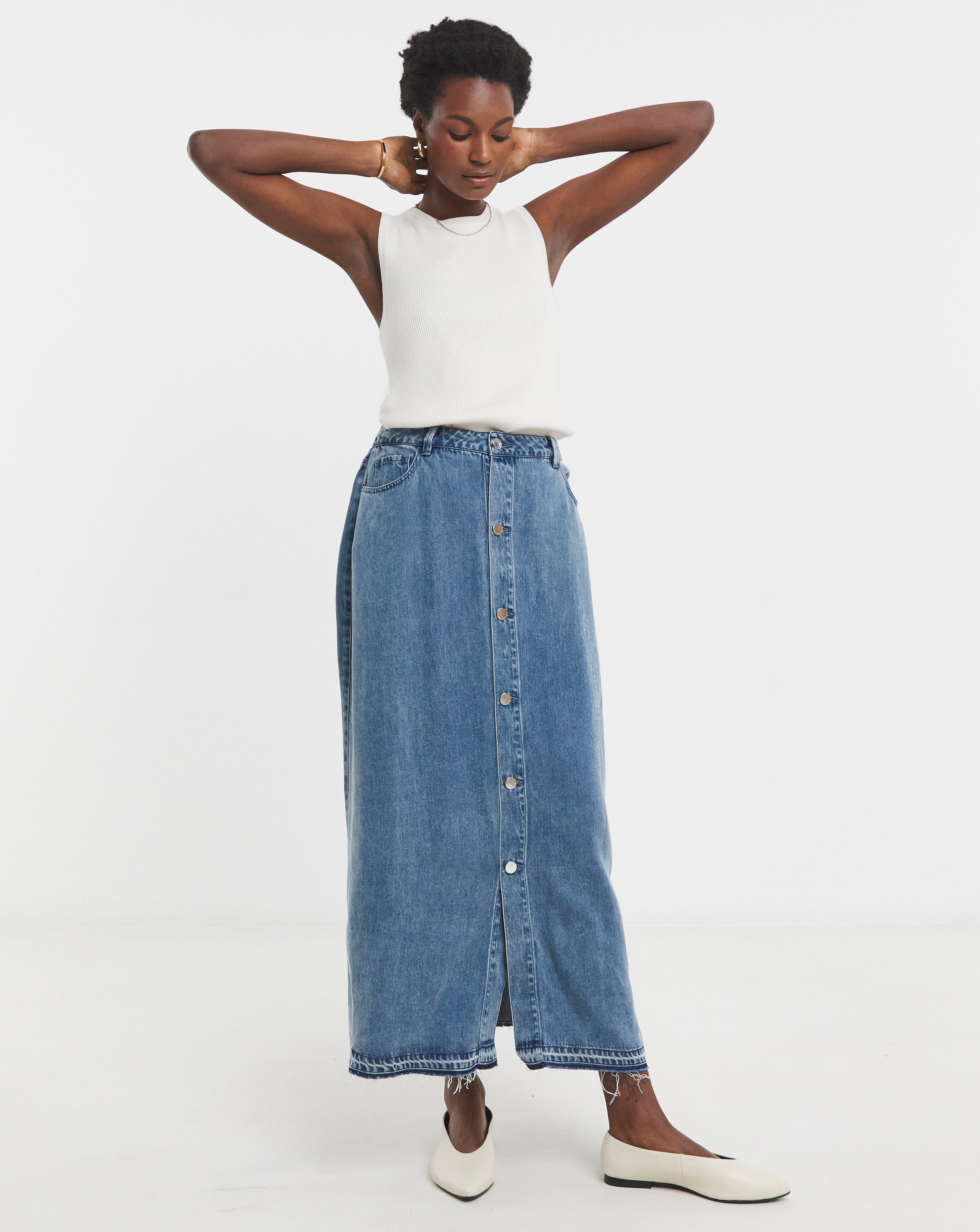 Blue Tencel Button Front Denim Skirt