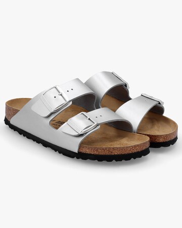 Birkenstock Arizona Birko-Flor Silver Two Bar Mules Narrow Width