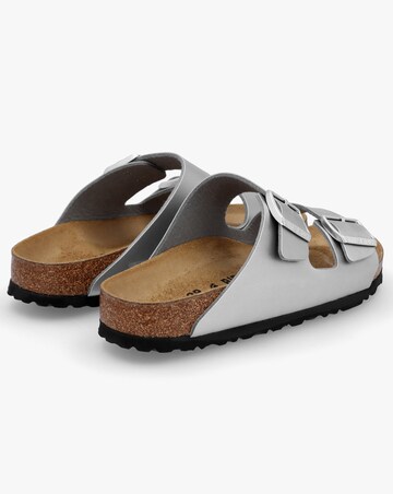 Birkenstock Arizona Birko-Flor Silver Two Bar Mules Narrow Width
