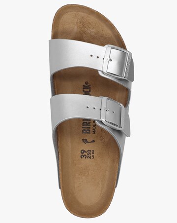 Birkenstock Arizona Birko-Flor Silver Two Bar Mules Narrow Width
