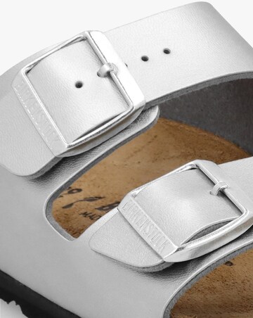 Birkenstock Arizona Birko-Flor Silver Two Bar Mules Narrow Width