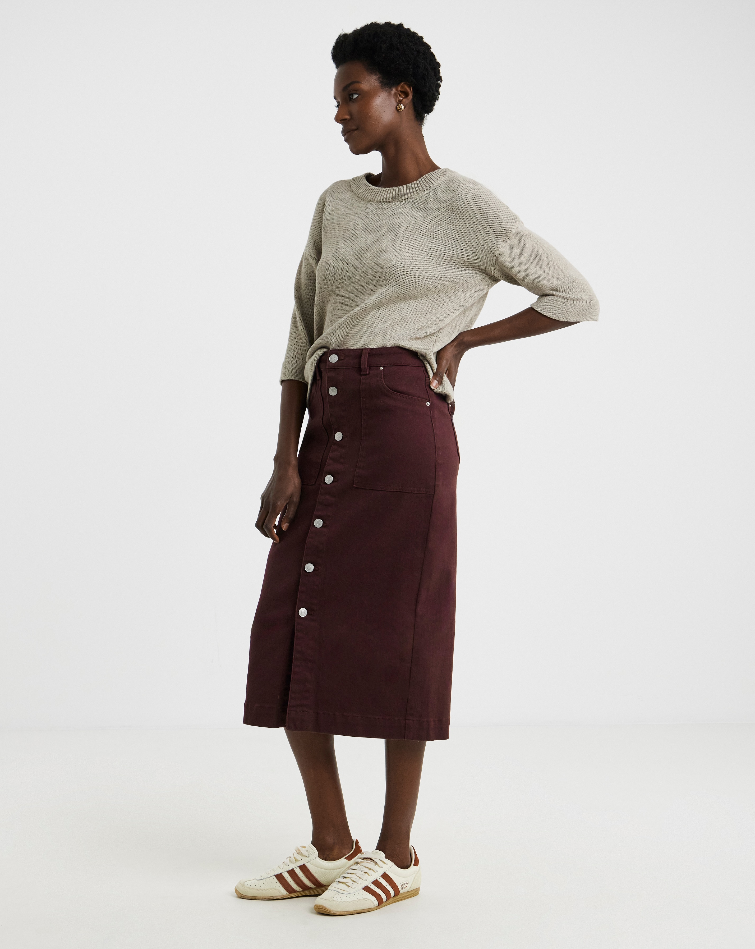 Button Through Denim Midi Skirt