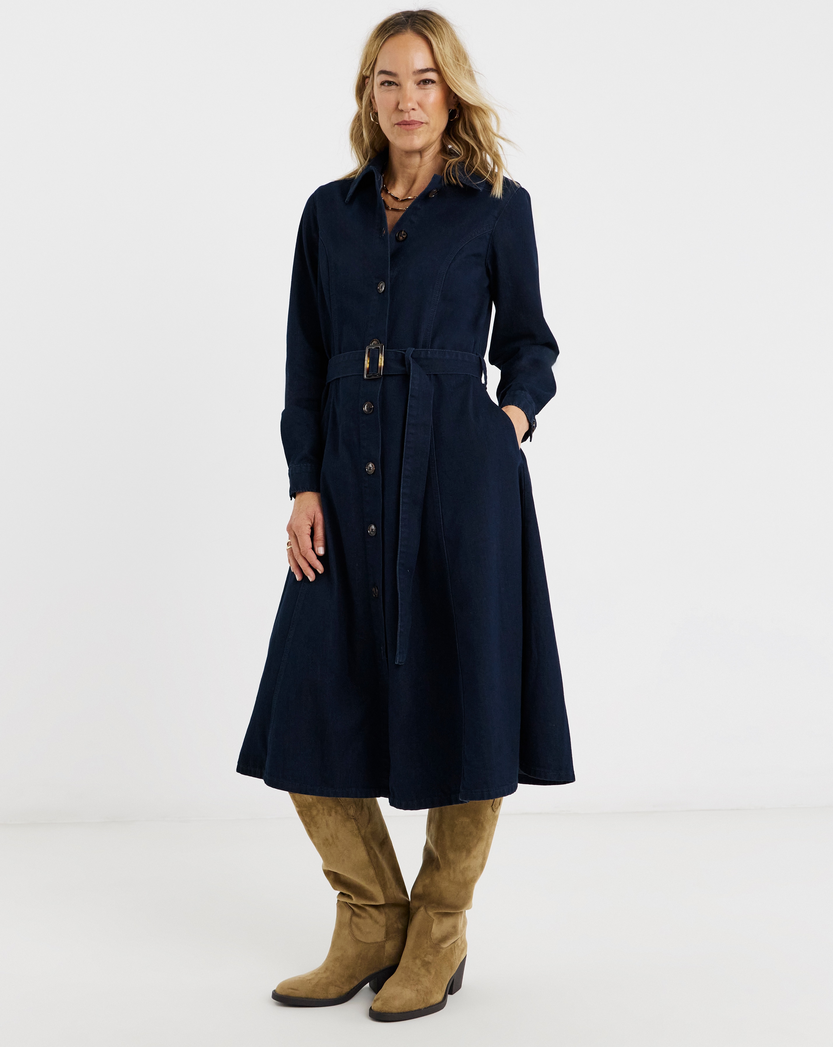New In - Long Sleeve Denim Belted Midi Dress