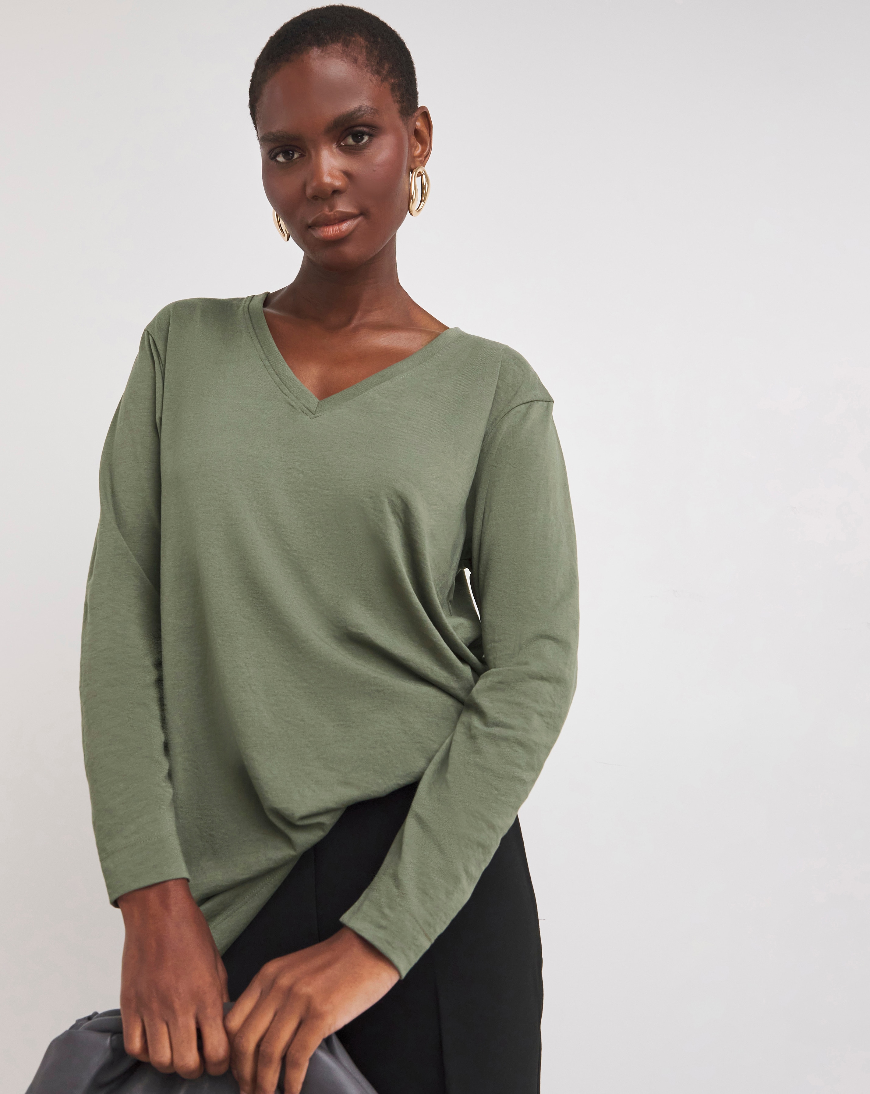 V-Neck Split Hem Long Sleeve T-Shirt