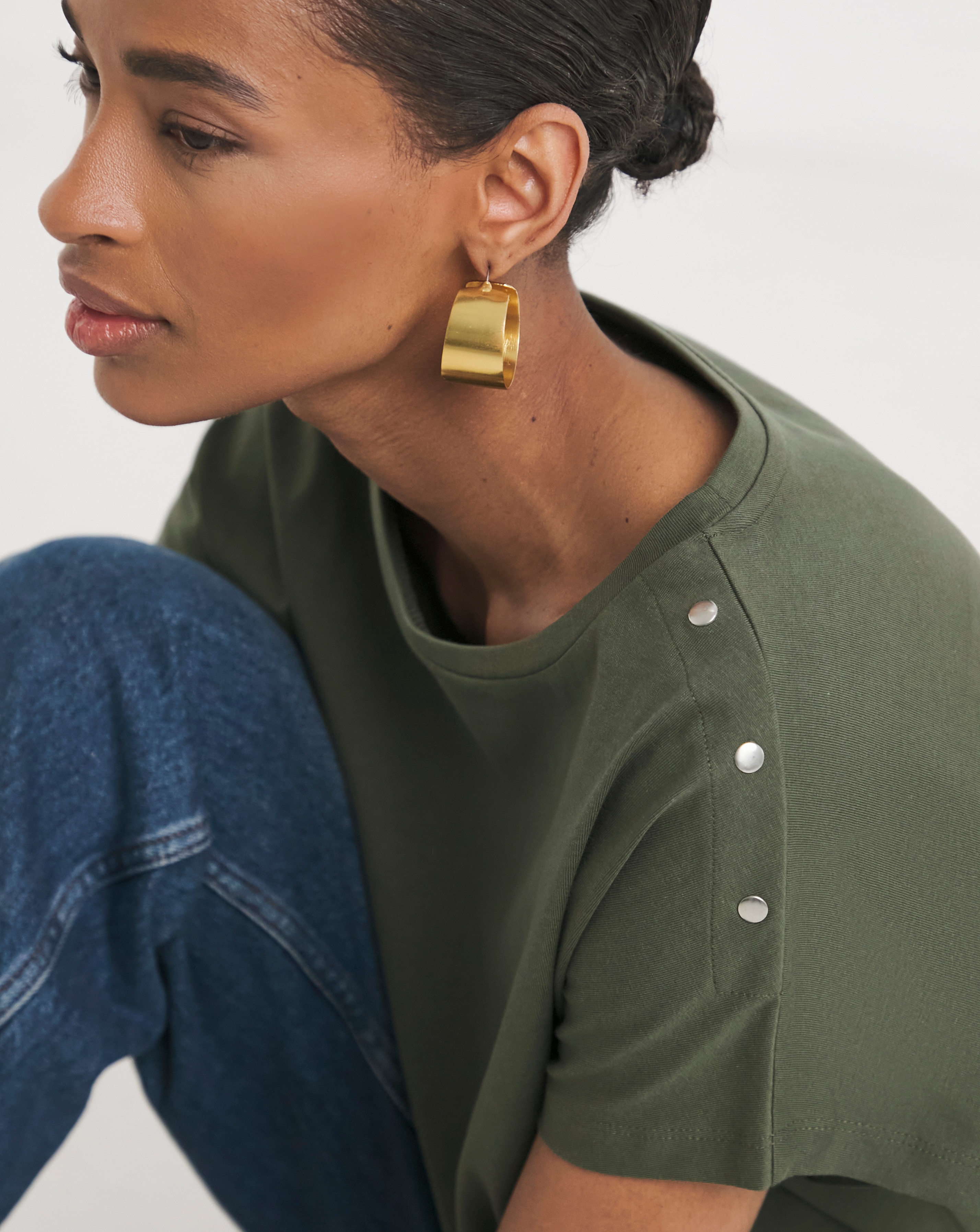 Olive Button Shoulder T-Shirt