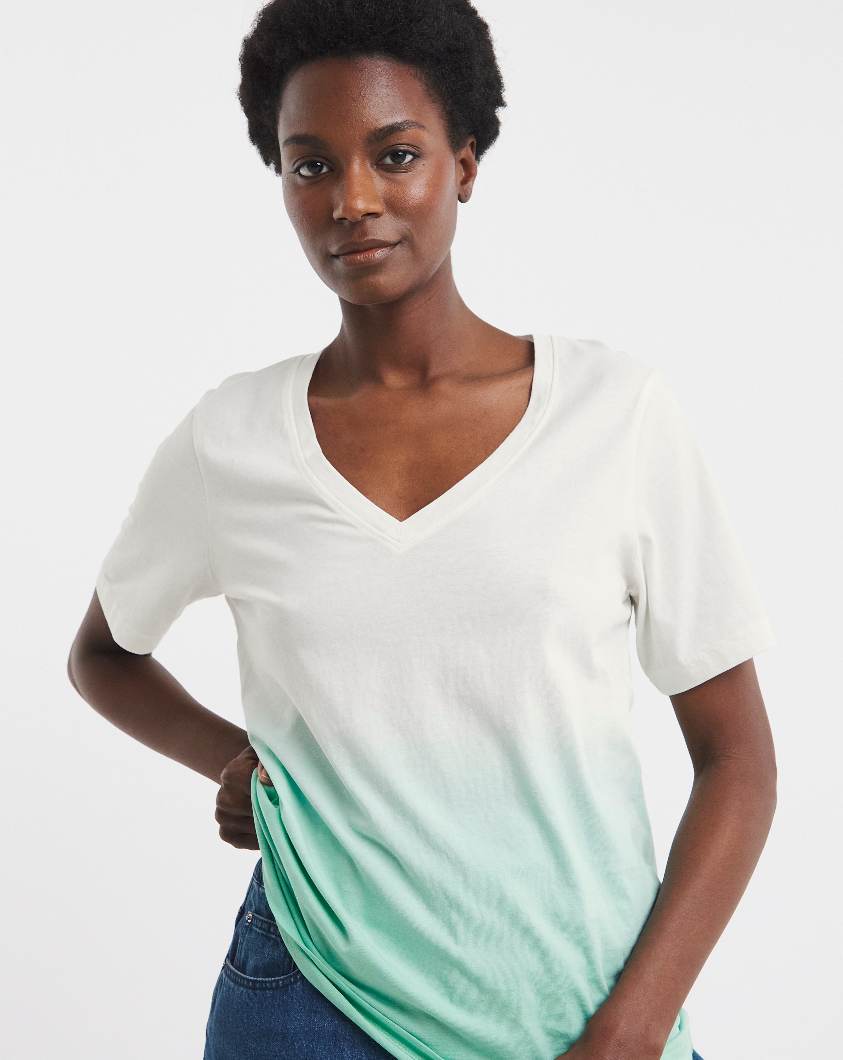 V Neck Short Sleeve Ombre T-Shirt