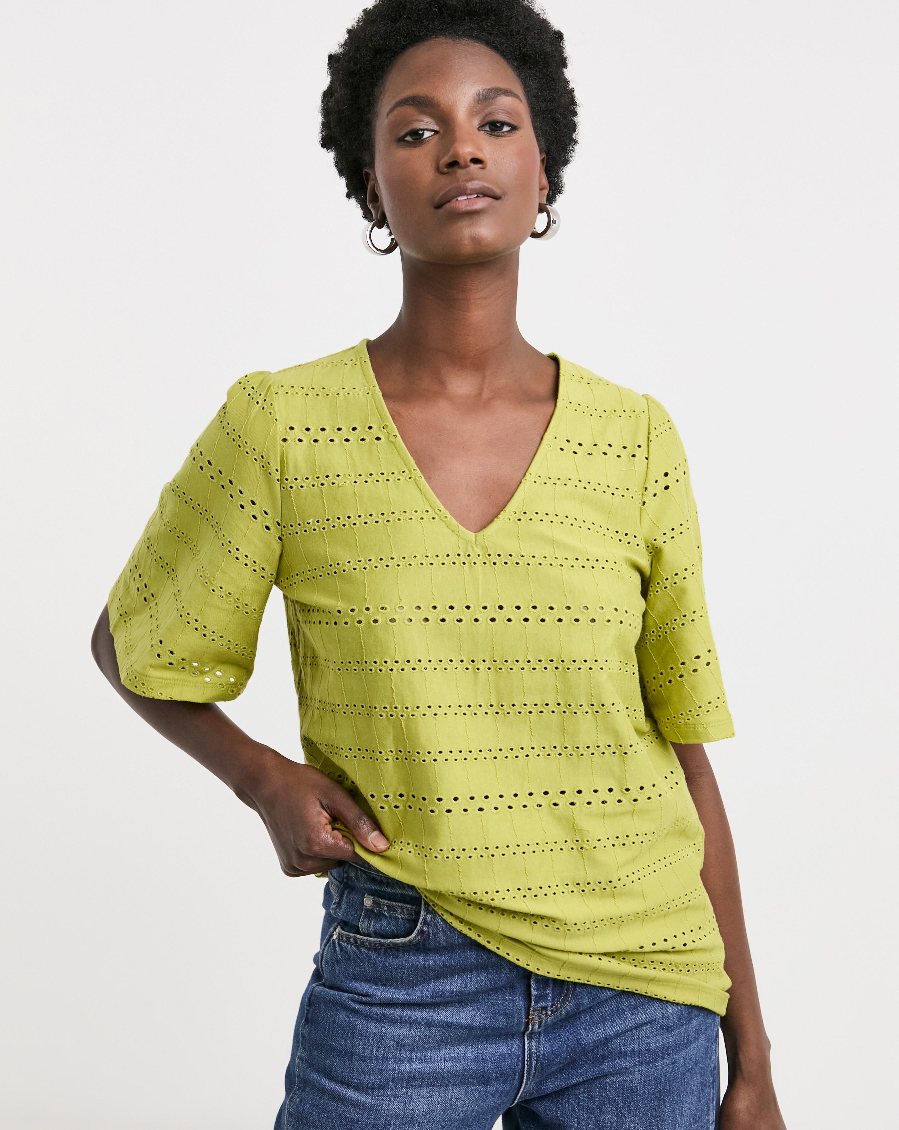Green V - Neck Broderie Top