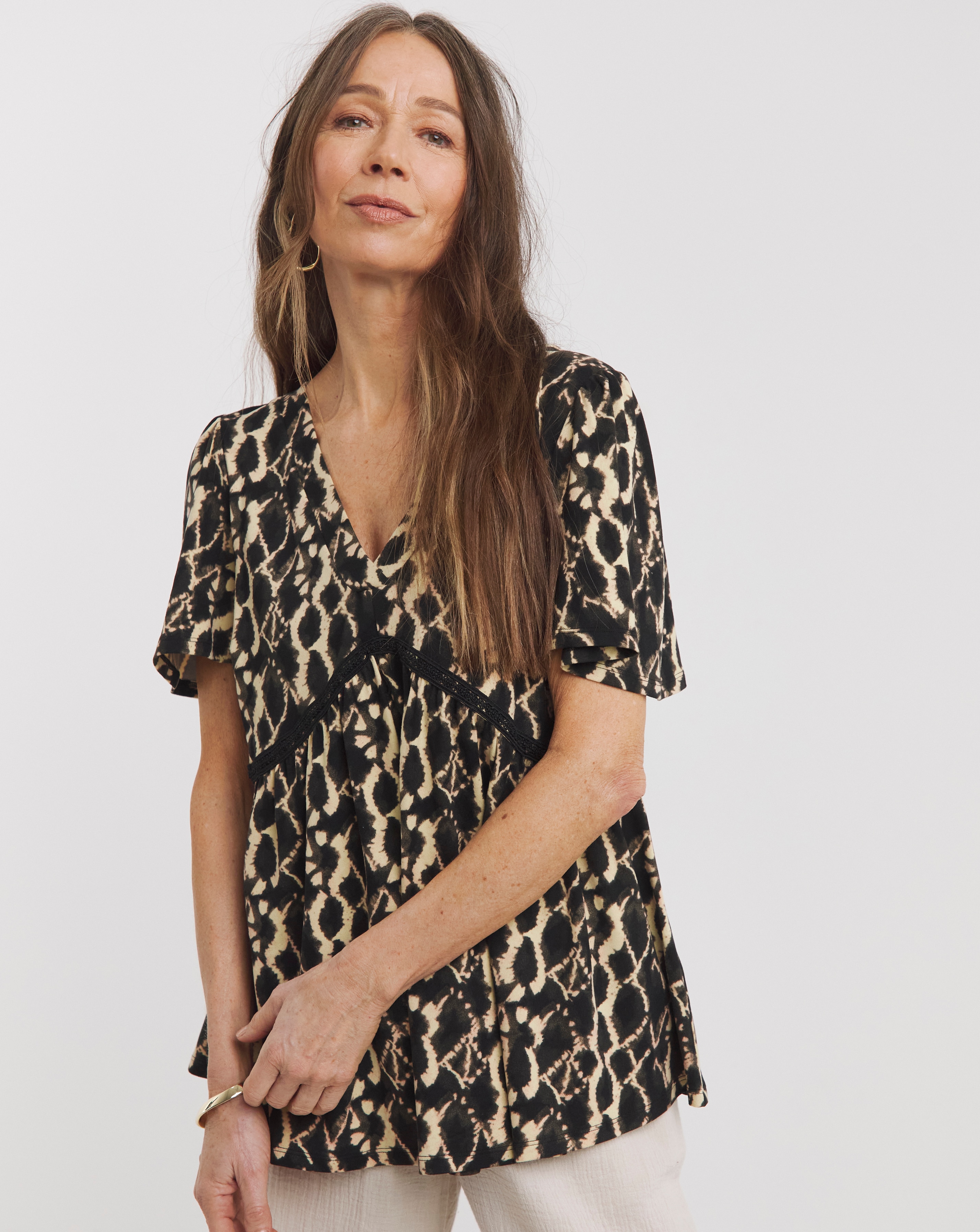 Black Print Crochet Contrast Top