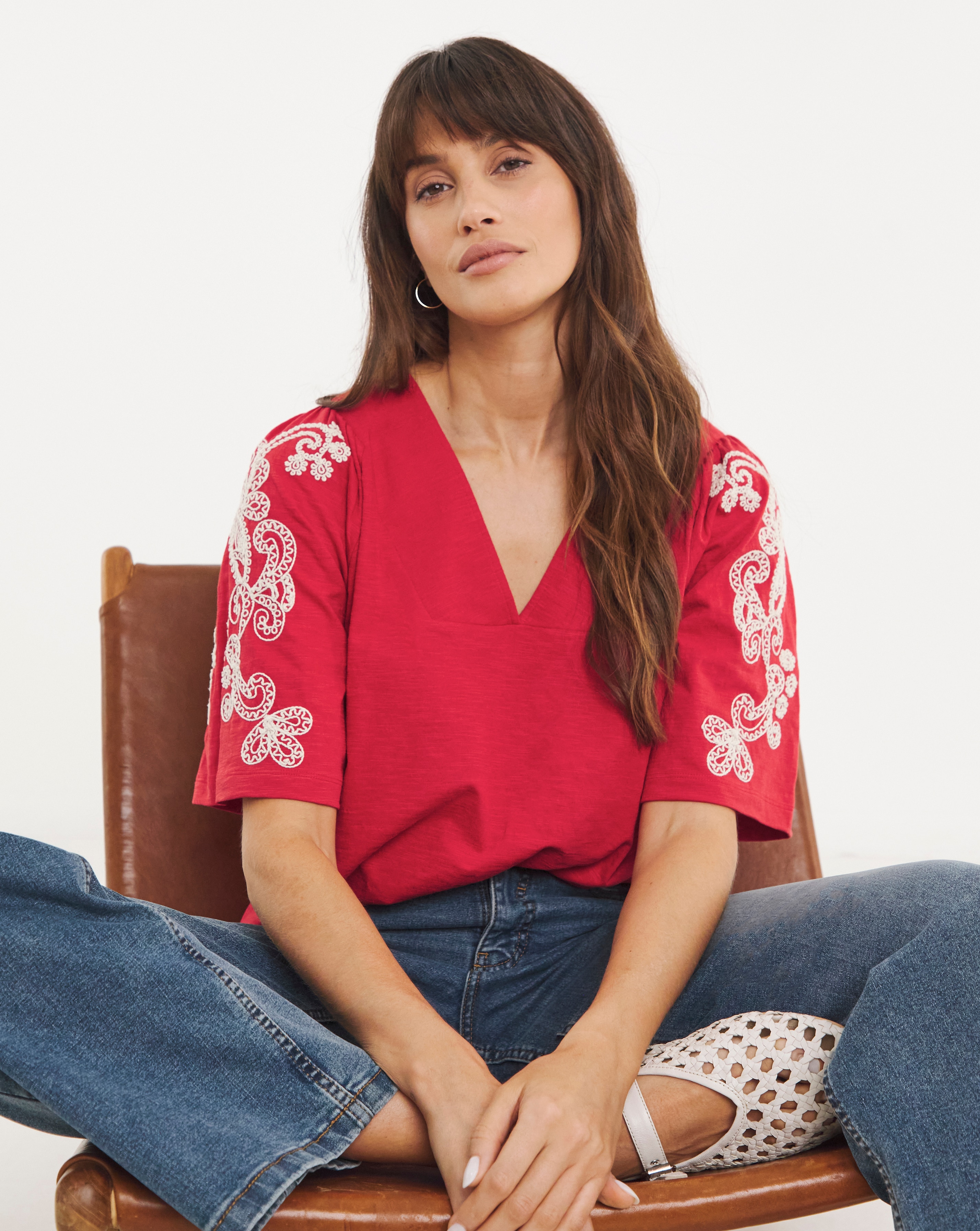 V Neck Embriodered Sleeve Top